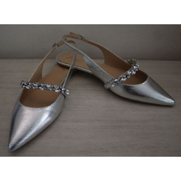 Jewel Badgley Mischka Women Sz 8.5 Silver Bambi Pointed Toe Slingback Flats - Picture 6 of 11